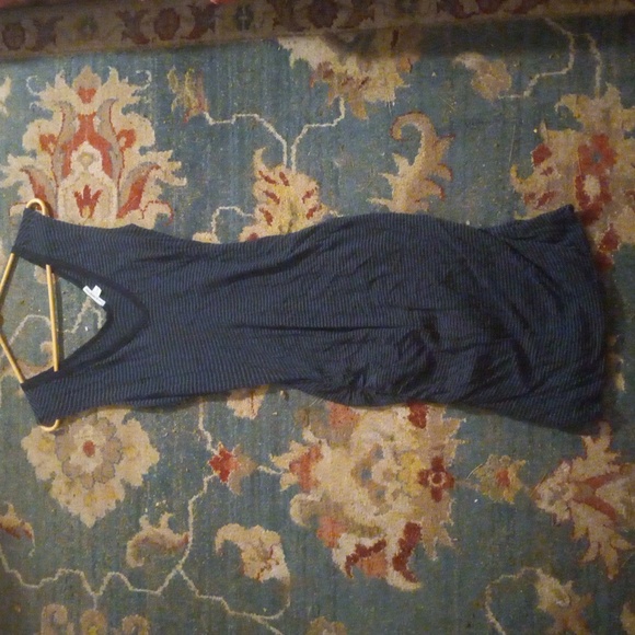 James Perse 100%Cotton Black/Blue Deep V Neck, Back, Tank Dress W/ Ruched Sides - Picture 4 of 11